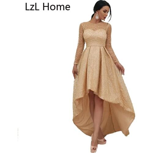 LZL Home Sequin Champagne Evening Dress Long Sleeve Hi-Lo A Line Saudi Arabian Party Evening Dress Womens Party Dress