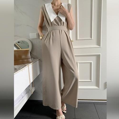 Fashion OL Style Jumpsuit Women Peter Pan Collar Overalls Rompers 2021 Summer Short Sleeve Loose Straight Womens Jumpsuit