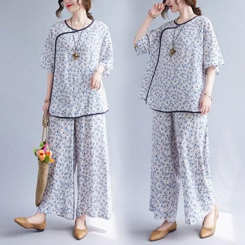 Summer Cotton And Linen Printed 2 Piece Short Sleeve O-Neck Slant Women Floral T-Shirt Elastic Waist Wide Leg Pants Suits zh1015
