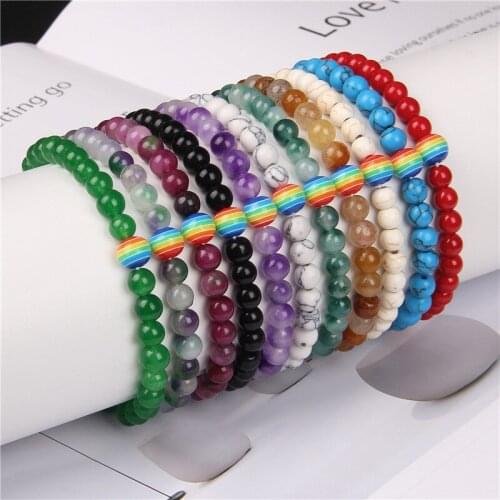 6mm Beads Bracelet Women Colorful Rainbow Charm Bracelets Natural Stone Jades Beaded Elastic Lucky Bracelet Men Female Jewelry