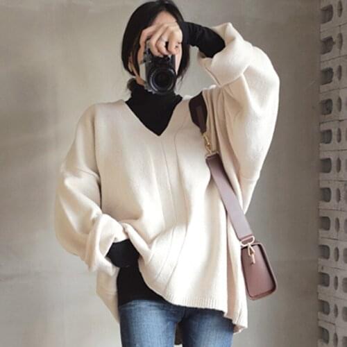 SHIJIA New Loose Knit Pullover Woman Sweater V-neck Chic Casual Full-sleeve Beige Solid Jumper Knitwear Female Autumn Winter