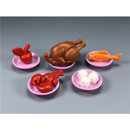 2sets/lot MOC Bricks Tableware Utensil Dish Delicacy set fish, apple, Roast Chicken DIY Building Blocks toys for kids Xmas gifts