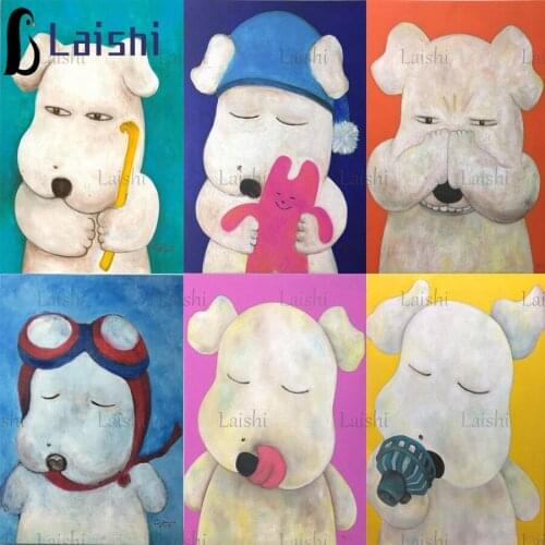 Full drill square round diamond painting Cartoon doodle funny white dog diamond rhinestones diamond embroidery cross stitch