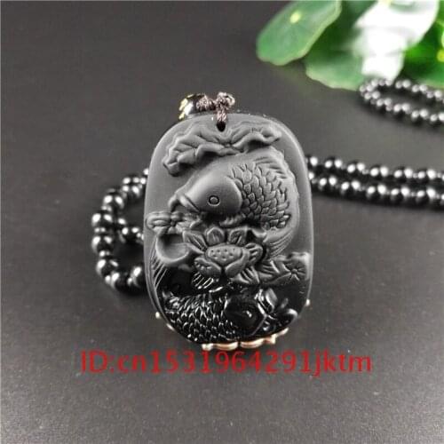 Amulet Carp Charm Jewelry Obsidian Gifts Jade Beads Fashion Black Natural for Necklace Women Lotus Chinese Pendant