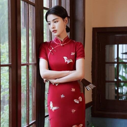 BALDAUREN New Style Cheongsam Retro Slim Acetate Embroidered Cheongsam Dress Improved Short Sleeve Chineses Dress Qipao Women