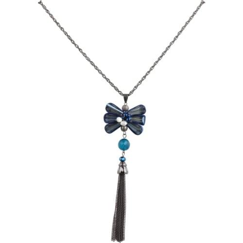 Beadsland glass beads flash water pearl metal chain Butterfly shaped pendant with tassel long necklace for women