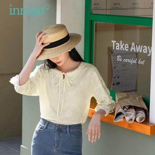INMAN Sweet Cute Blouse Lady Tops Dobby Minimal Design Scalloped Edges Lotus Leaf Sleeve Summer Women Elegant Art Style Tops