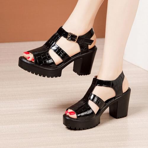 Small Plus Size 32-43 Block Heel Platform Sandals Patent Leather Summer 2021 Buckle Elegant High Heels Sandals Women Thick Sole