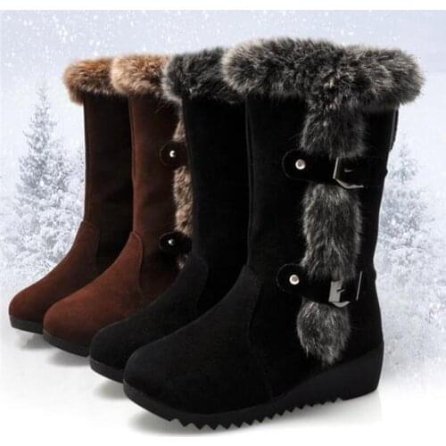 New Winter Women Boots Casual Warm Fur Mid-Calf Boots shoes Women Slip-On Round Toe wedges Snow Boots shoes Muje Plus size 42