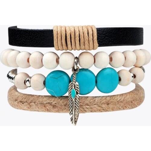 Leaf Beaded Blue New Design Punk Vintage Fashion Cuff Bangle Retro Men Leather Bracelets Women Jewelry Accessories