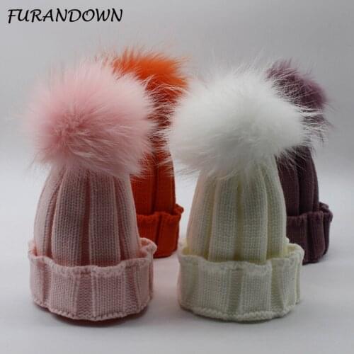 FURANDOWN Kids Skullies Beanies Winter Baby Hat Girls Boys Dyed Color Real Fur Pompom Hat Knitted Beanie Cap