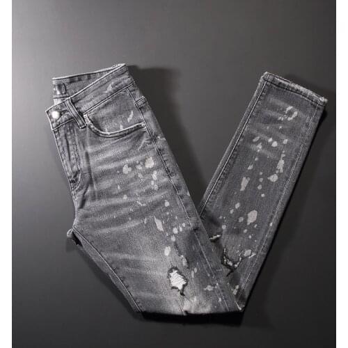 Streetwear Denim Punk Pants Slim Fit Fashion Designer Men Jeans Elastic Retro Gray Painted Hip Hop Trousers Ripped Jeans For Men