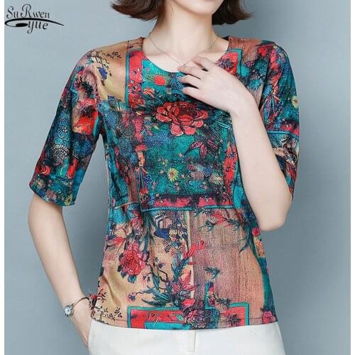 Chemisier Femme 2021 Summer New Short Sleeve Round Neck Printed Satin Blouse Women Korean Loose Simple Thin Tops Female 9223 50