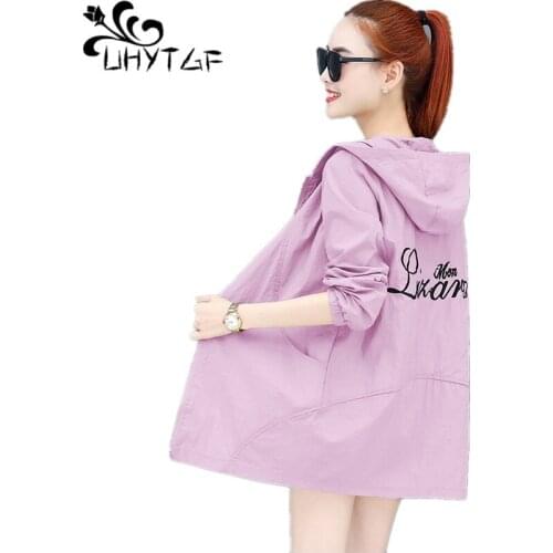 UHYTGF Fashion Women Summer Jacket Hooded Anti-UV Outdoor Thin Sun Protection Clothing Long-Sleeved Casual Plus Size Coat 2092