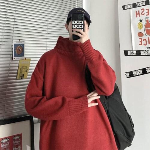 2021 Male Pullovers Winter Warm Warm Mens Turtleneck Sweater 10 Solid Color Korean Man Loose Knitted Sweaters