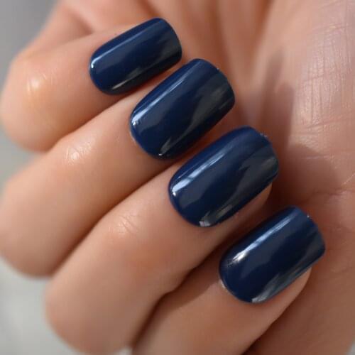 24Pcs Fake Nails Dark Blue Artificial False Finger Nail Tips for Office Home Square Short Reuseable Faux Ongle Free Glue Sticker