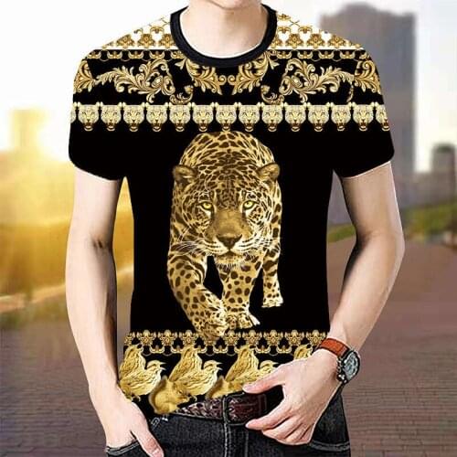 2021 new mens casual short-sleeved T-shirt trend 3D leopard print T-shirt top loose large size youth leopard mens clothing