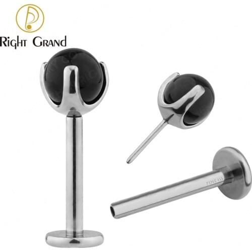 Right Grand Implant Grade Titanium 18G Black Agate Stone Threadless Labret Stud Monroe Lip Piercing Tragus Earring