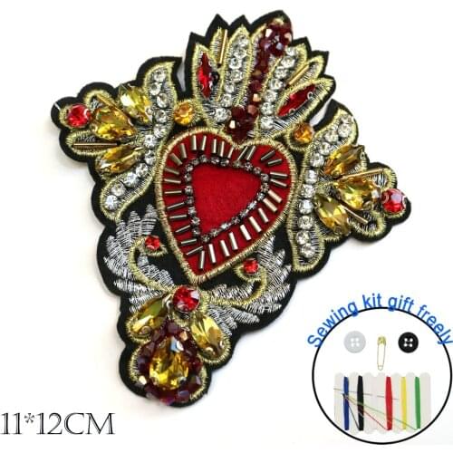 Luxury heart beaded patches for clothing Sew on patch decorative parches bordados para ropa Embroidery applique clothing