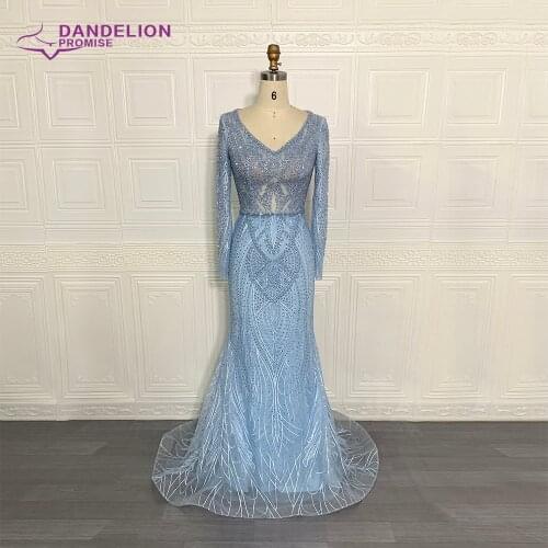 Luxury Blue Mermaid Evening Dresses For Women 2021Beading V­-Neck Long Sleeves Handmade Formal Party Gowns
