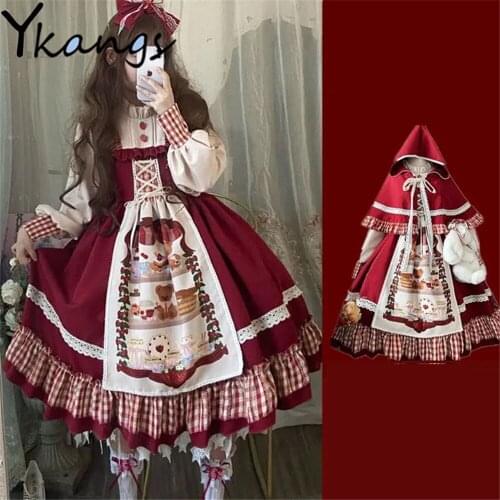 Christmas Printing Red Lolita Dress Sweet Girl Costume Vintage Ruffles Cloak Berry Maiden Op Long Sleeve Japanese Style Clothing