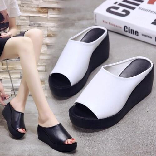 Fashion Womens Summer Wedges Slippers Slip-On Shoes Woman Flat Peep Toe Breathable Soft Platform Leather Sandals Platform Shoes