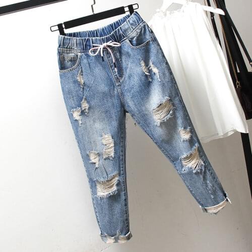 Light Blue Large Womens Wear Hole Jeans 2021 Summer New Slim Loose Casual Slim Capris Fashion