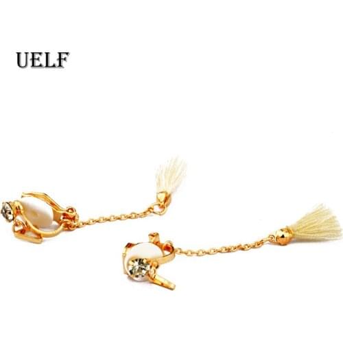 Uelf Fashion Bohemian Tassel Crystal Long Earrings White Fabric Drop Dangle Tassel Earrings For Women 2019 Jewelry