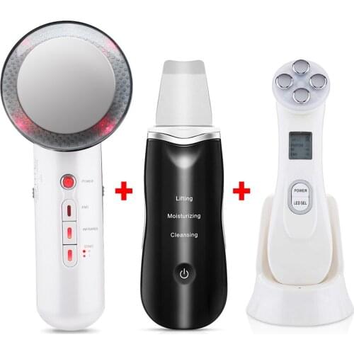 Ultrasoic Skin Scrubber Face Cleaning Peeling Machine+RF EMS LED Light Facial Massager+Far Infrared Body Slimming Cavitacion