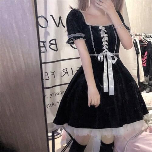 OLOMLB Japanese Kawaii Soft Girl Dress Sweet Lace Square Collar Bandage Bow Short Sleeve Ruffles Dresses Lolita Gauze Splicing