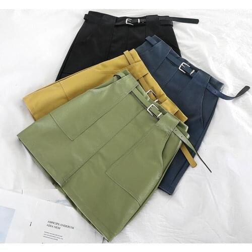 Autumn & Winter Women Fashion Solid Belt Pocket PU Leather MiniSkirt Urban Ladies Sexy High Waist Above Knee A-line Short Skirt