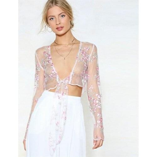 Womens Summer Long Sleeve Floral Transparent Mesh Sheer Embroidered Swimsuit See-through Hollow Out Crop Tops Cover Up Beachwear