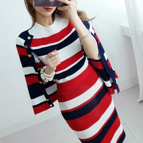 New 2019 Knitted 3 Pieces Set Striped Tracksuit Women Sweet Single-Breasted Sweater Coat Short Sleeve Top + Pencil Skirt Suits