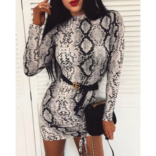 2020 Women Sexy Snake Pattern Slim Turtleneck Bodycon Long Sleeve Party Cocktail Club Mini Dress Slim Fit Sundress