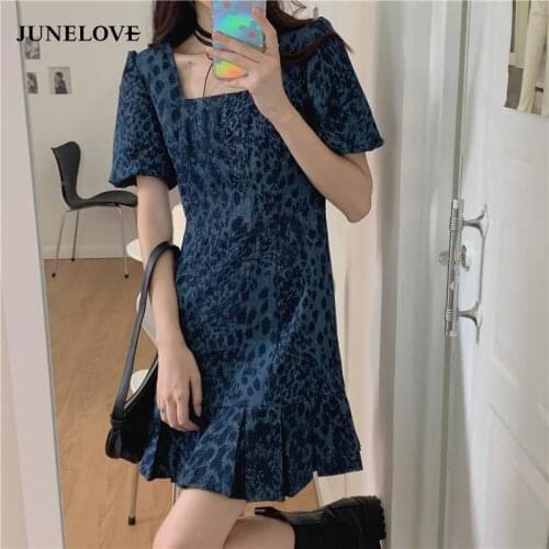 JuneLove Women Short Sleeve Dress Square Collar Mini Dresses Sexy Ruffles Retro Streetwear Leopard Printed Design Female Ulzzang