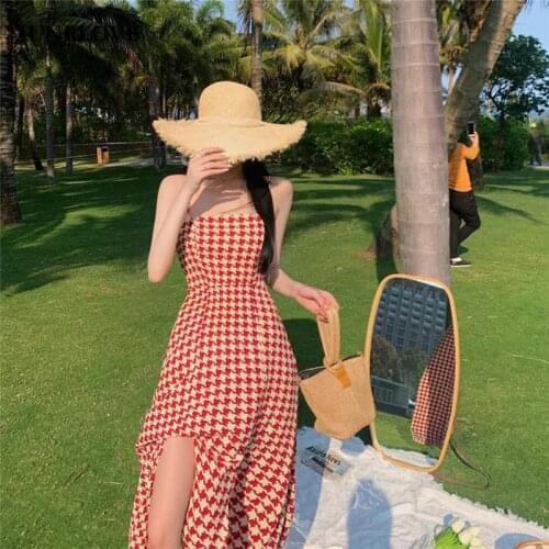 JuneLove Elegant Vintage Strap Plaid Dress Women Summer Designer Sexy Party Split Dress French Retro Backless Spaghetti Dress