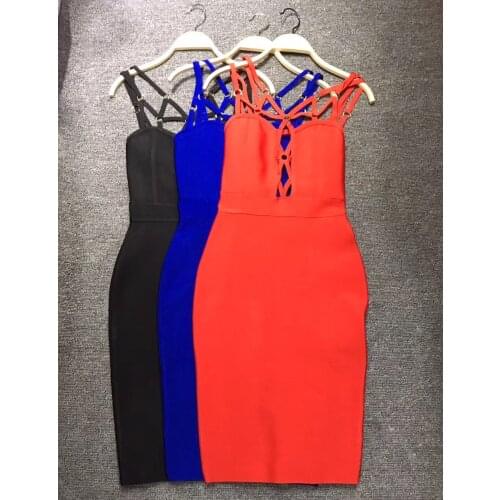 Fashion Summer Dress Sexy Black Blue Red Spaghetti Straps Women Bandage Dress Celebrity Evening Party Dresses