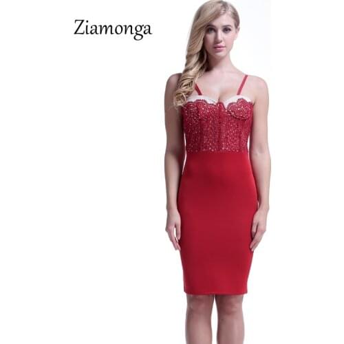Ziamonga Sexy Women Wrap Chest Pad Sleeveless Party Dress Vestidos De Festa Women Midi Dresses Sexy Tight Lace Bodycon Dress