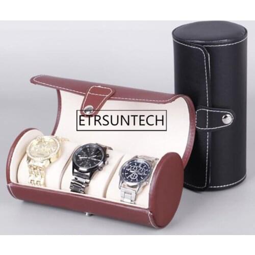 20pcs 3 Grids Brown Black Color Cylinder Shape PU Leather Watches Display Case Boxes Jewelry Storage Portable Watch Box