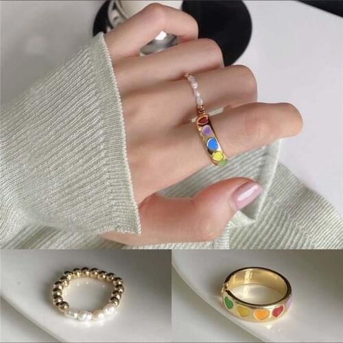 Retro Multilayer Natural Freshwater Pearl Rings Metal Geometric Bead Ring for Women Girls Party Jewelry Gift adjustable 2021