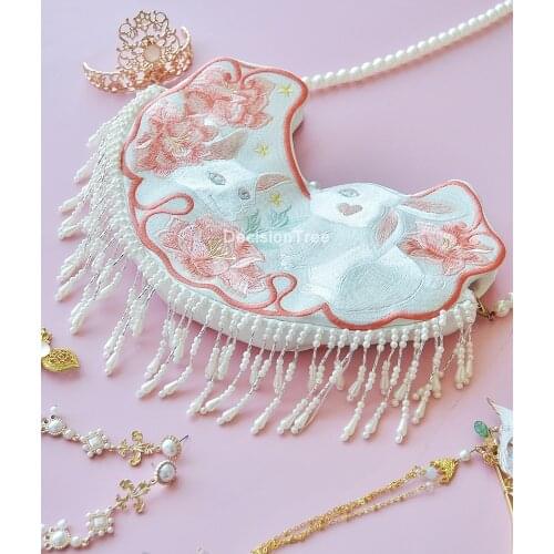 2021 chinese handbag purse lolita rabbit bag embroidery original design pearl chain messenger bag doll cute lolita shoulder bag