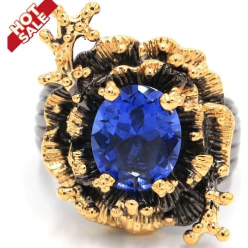 32x22mm Neo-Gothic Ring for Women Vintage Black Gold Created Rhodolite Garnet Tanzanite Cute Costume Jewelry Silver Rings