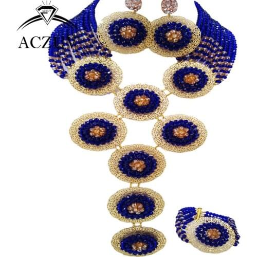 ACZUV Brand Royal Blue and Gold Nigerian Wedding African Beads Jewelry Set Crystal A10R013