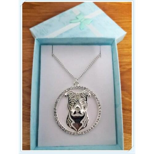 American Staffordshire Terrier Pit Bull Crystal Stainless Steel Women Necklace Jewelry Femme Dog Key Chain With Gift Box