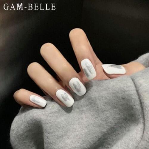 GAM-BELLE White False Nails with Glitter Silver Graffiti French Square Full Artificial Short Artificial False Nails Decorations