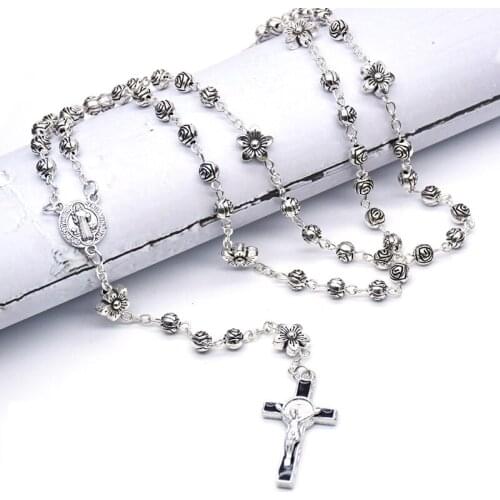 Church Religious Handmade Round Flower Beads Catholic Crucifix Jesus Cross Pendants Necklace Rosary Necklaces Prayer Jewelry