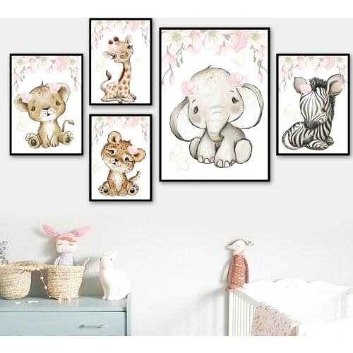 Bloom Flower Elephant Giraffe Lion Leopard Zebra Wall Art Print Canvas Painting Nordic Poster Wall Pictures Baby Girl Room Decor