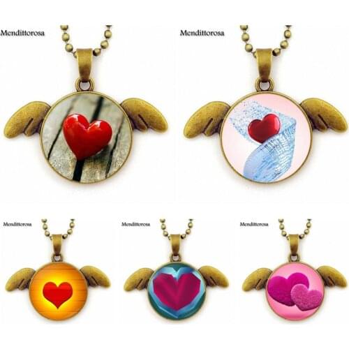 For Wedding Heart Buddhism Jewelry Glass Cabochon Choker Angel Wings Pendant Necklace