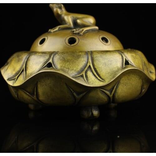 6"Tibetan Temple Collection Old Bronze Lotus leaf Jin Chan frog statue Incense burner Office Ornaments Town House Exorcism
