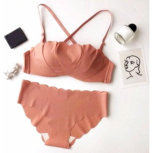 Seamless Push Up Bra Set Half Cup Gather Wire Free Smooth Padded Bra Bralette Panty Lingerie Set